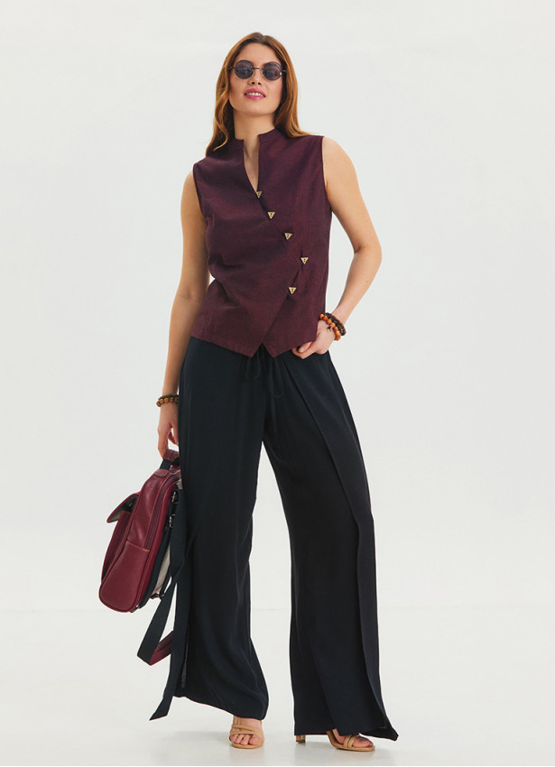 V Neck Cross Buttoned Red Authentic Blouse 4547